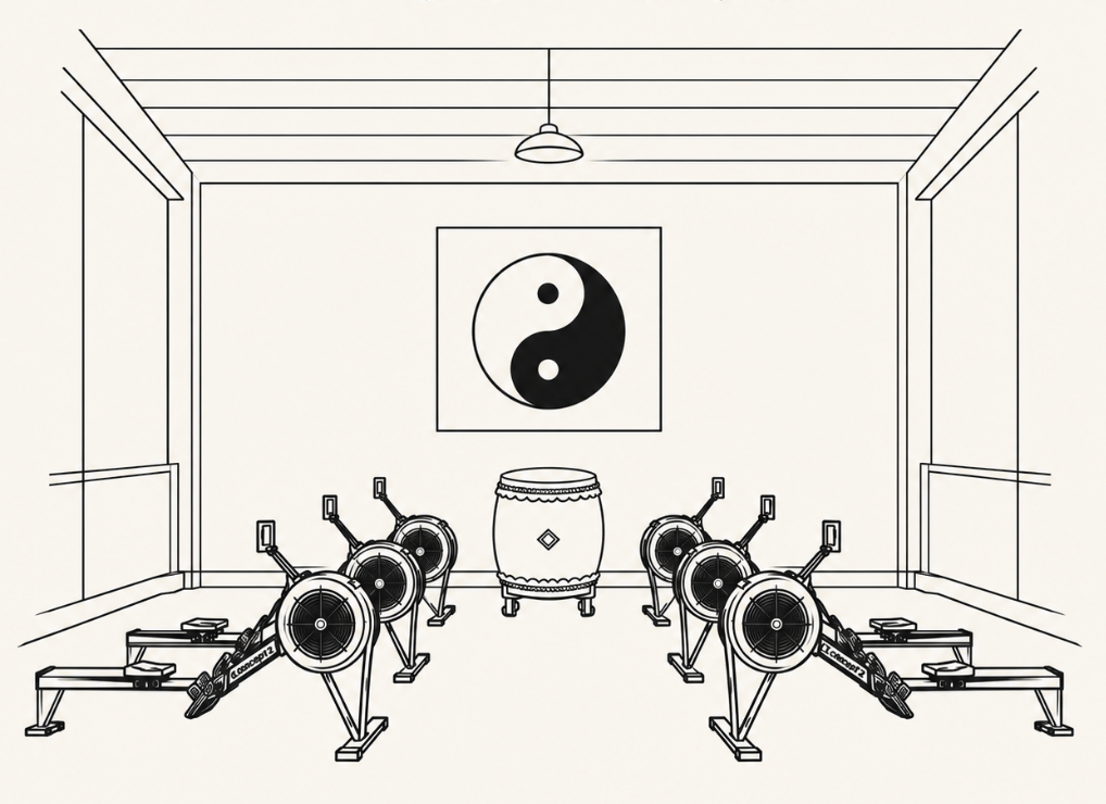 Line illustration of the dojo interior with rowing machines, a taiko drum, and a framed yin-yang.